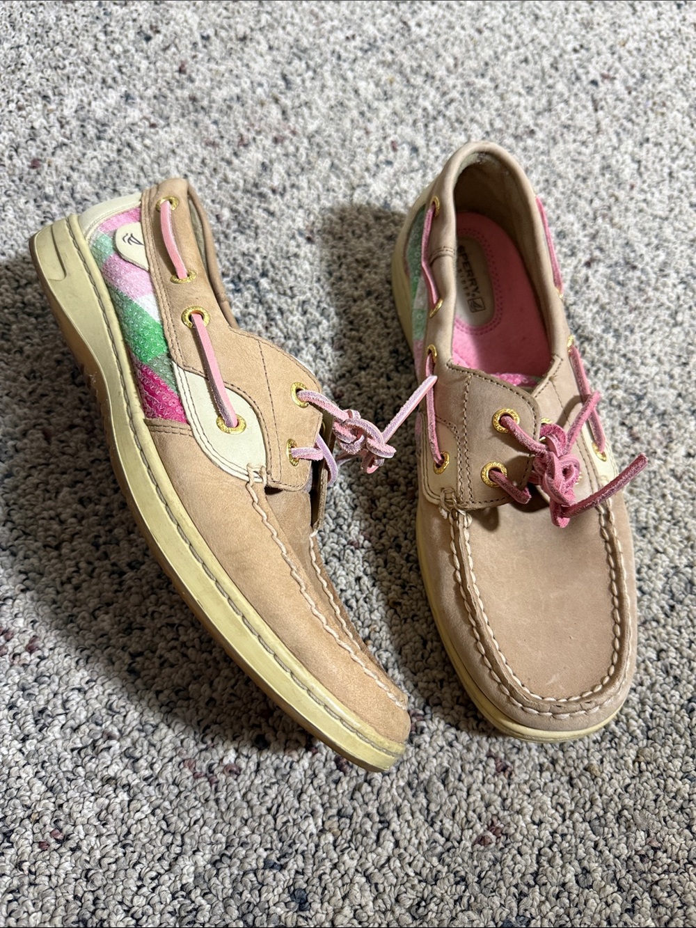 Sperry Top Sider Angelfish Tan Boat Shoes with Pink & Pastel Accents Sz 9